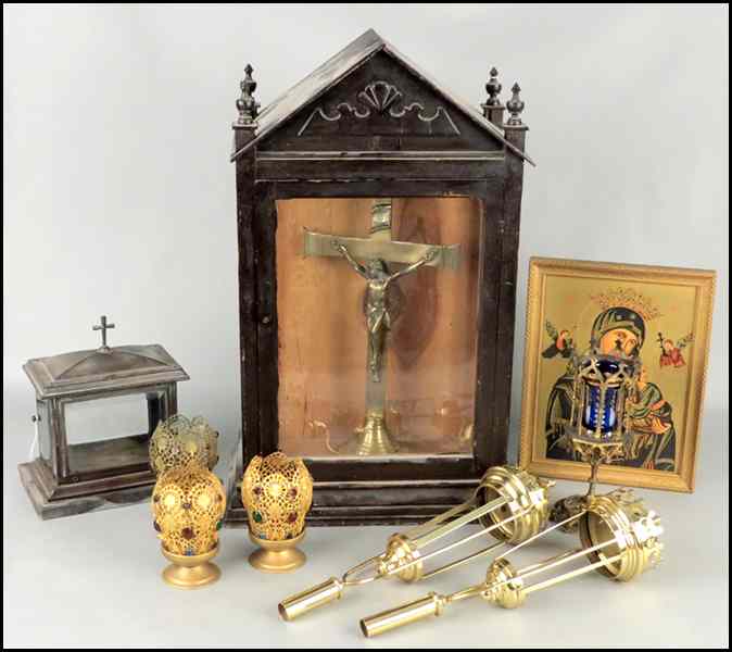 Appraisal: BRASS CRUCIFIX MOUNTED IN A DECORATIVE BOX Together with a