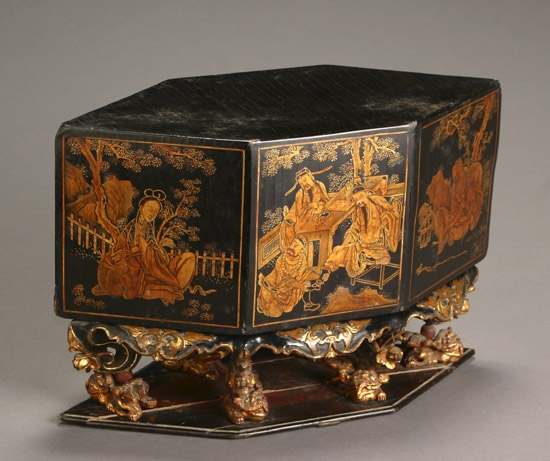 Appraisal: Chinese Gilt Decorated Black Lacquer Hexagonal Covered Throne th Century