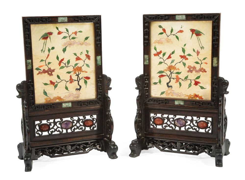 Appraisal: Pair of Chinese Hardstone Embellished Soapstone and Hardwood Small Table