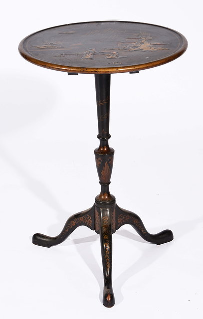 Appraisal: th Century ebonised tripod tablewith allover chinoiserie decoration the circular