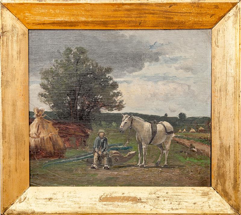 Appraisal: P de Blois Farmer and Plow Horse Oil on board