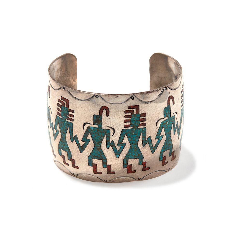 Appraisal: D Allison Turquoise and Coral Chip Inlay Silver Cuff D