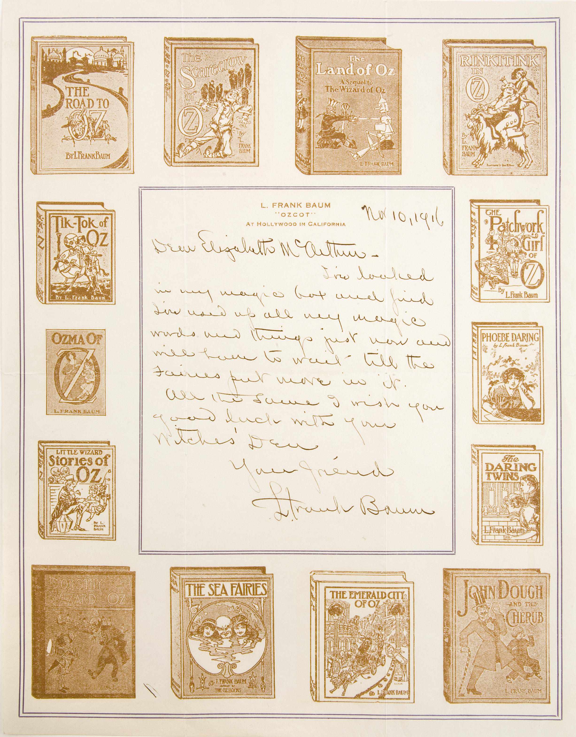 Appraisal: BAUM L FRANK - Autograph Letter Signed ''L Frank Baum''