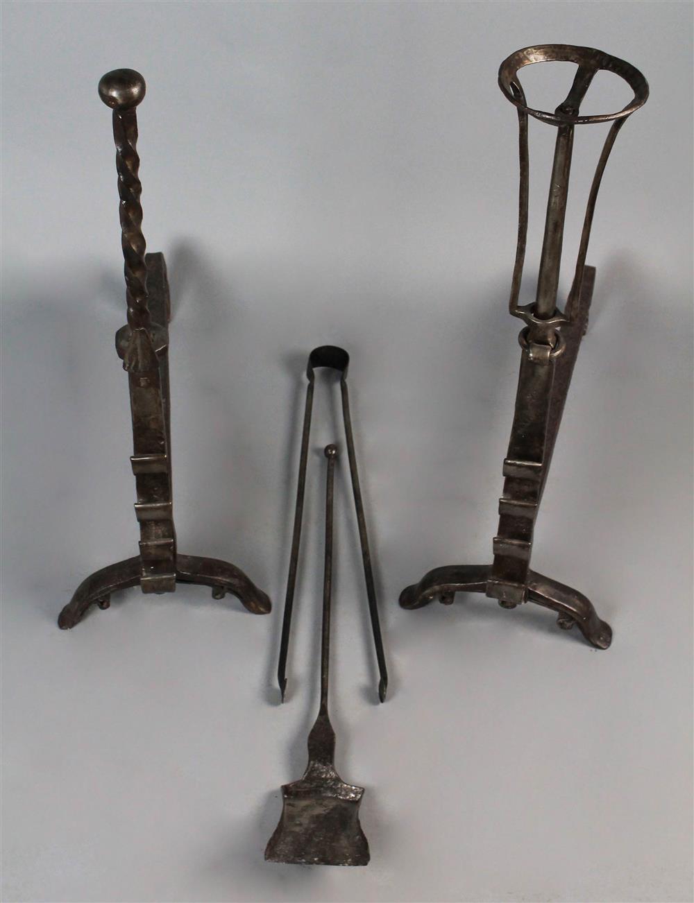 Appraisal: PAIR OF LARGE RENAISSANCE STYLE STEEL ANDIRONS AND SIMILAR TOOLS