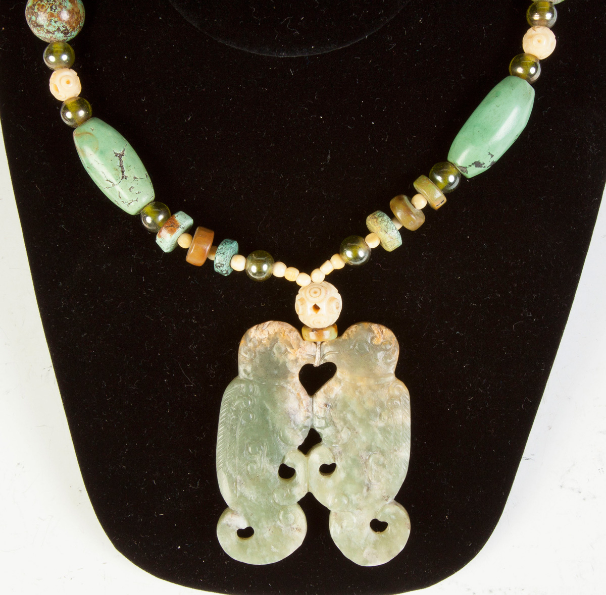 Appraisal: Chinese Carved Jade Turquoise Necklace W carved bone glass beads