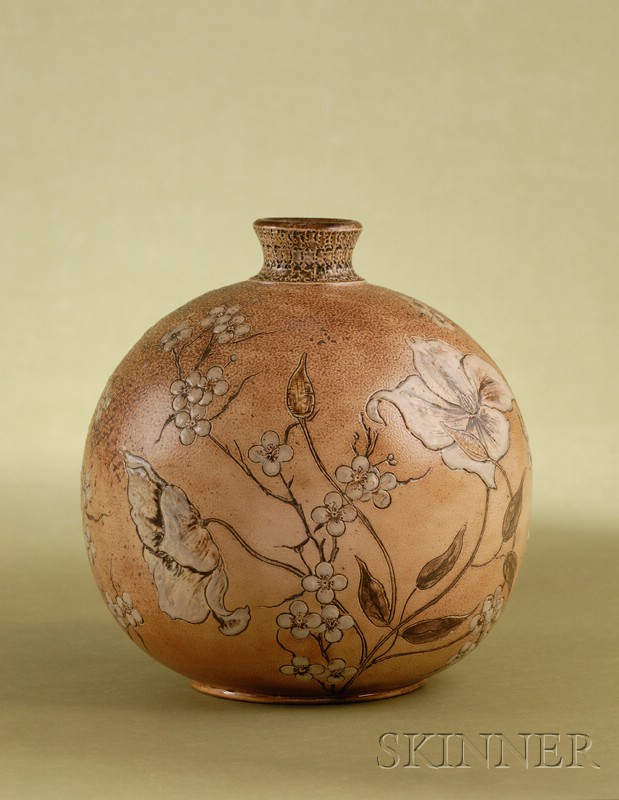 Appraisal: Martin Brothers Glazed Stoneware Botanical Vase dated December globular-form pinched