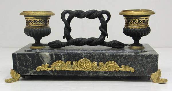 Appraisal: An Empire gilt and patinated bronze and marble encrier early