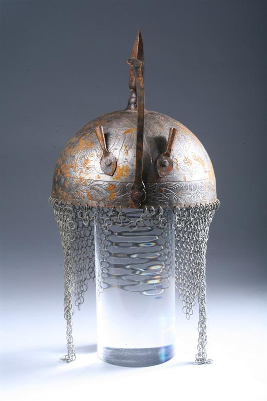 Appraisal: PERSIAN STEEL KULA KHUD HELMET Decorated with figural landscape scenes