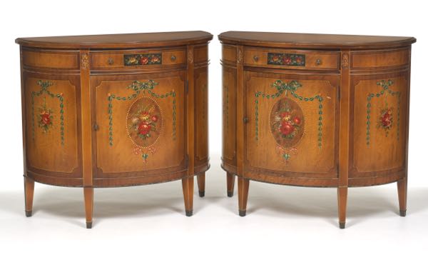 Appraisal: PAIR OF VICTORIAN STYLE DEMILUNE SIDE TABLES x x Hand-painted