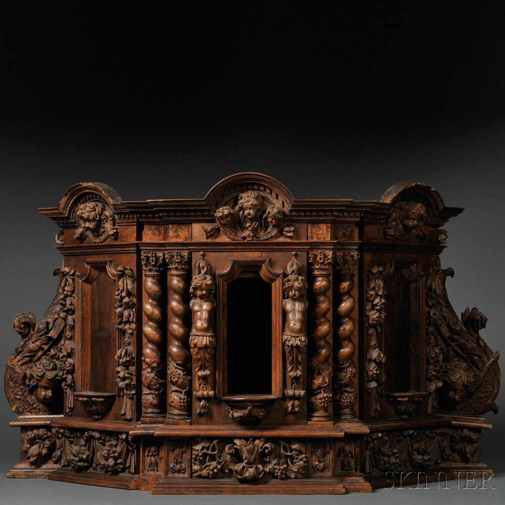 Appraisal: Italian Renaissance-style Carved Walnut Table Cabinet th century composed of