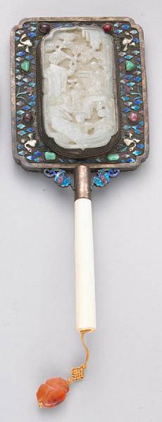 Appraisal: An enameled silver mirror with jade and ivory mounts The