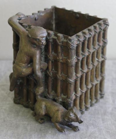 Appraisal: Antique Bronze Bamboo Form Planter With monkey and dog motif