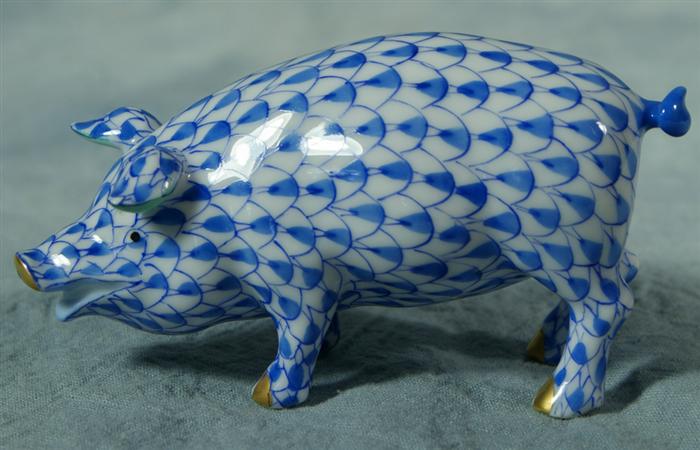 Appraisal: Herend fishnet figurine blue pig long no damage Estimate -