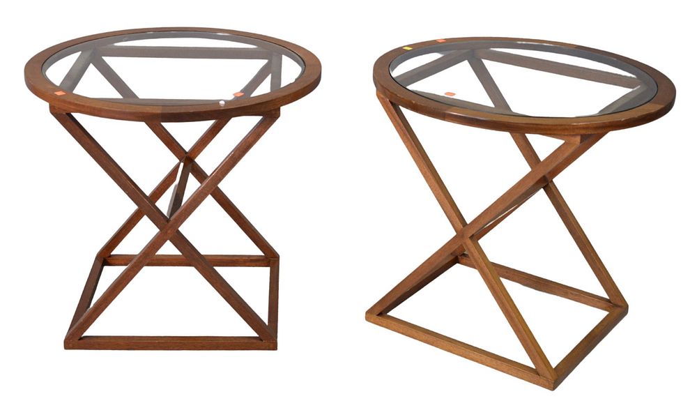 Appraisal: Pair Mahogany Glass Top Round End Tables on X bases