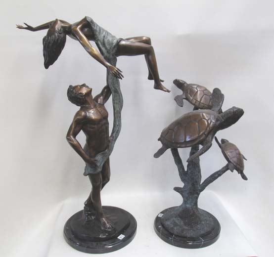 Appraisal: TWO BRONZE SCULPTURES of a grouping of turtles and a