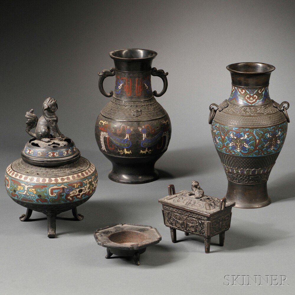 Appraisal: Five Bronze Vessels Japan two vases with champleve decoration an