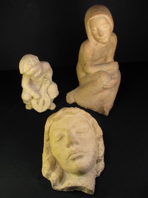 Appraisal: Three clay sculptures from Germany figures and mask Paper label