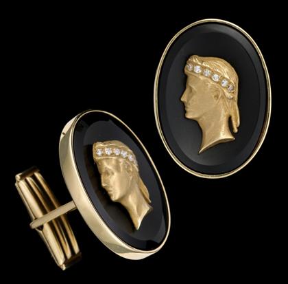 Appraisal: karat yellow gold diamond and onyx cufflinksProfile of a man