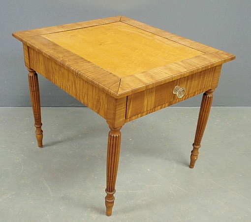 Appraisal: - Sheraton style tiger maple end table with a bird