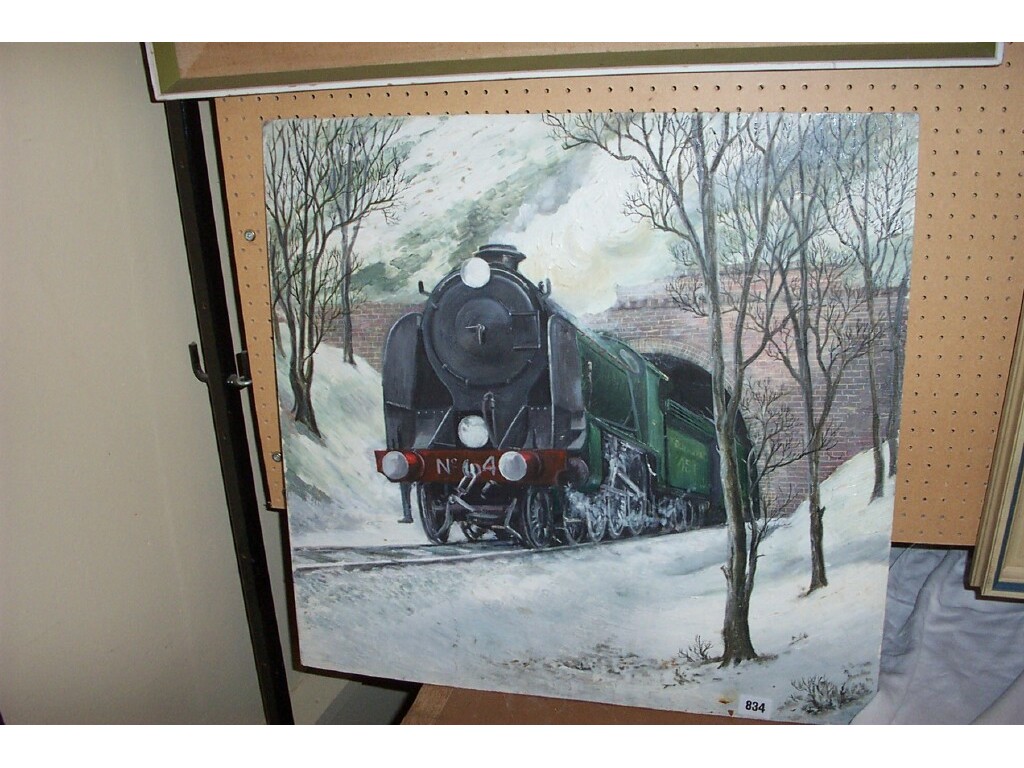 Appraisal: An oil painting onboard of a steam locomotive passing through