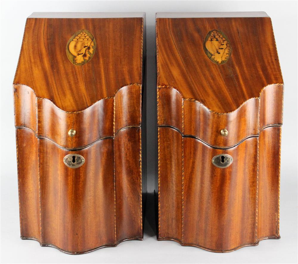 Appraisal: PAIR OF FEDERAL INLAID MAHOGANY KNIFE BOXES having a rectangular