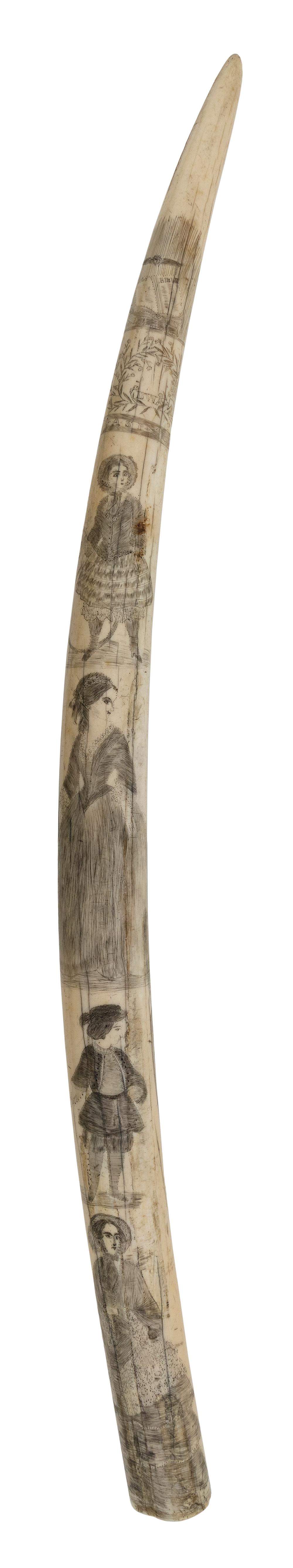 Appraisal: SCRIMSHAW WALRUS TUSK WITH MOSTLY FIGURAL PORTRAITS TH CENTURY LENGTH