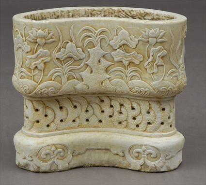 Appraisal: CHINESE CARVED MARBLE CRESCENT-FORM BASIN The exterior relief carved with