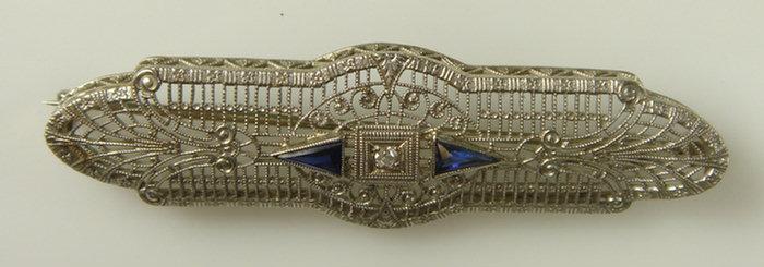 Appraisal: K WG filigree diamond sapphire brooch small diamond triangular sapphires