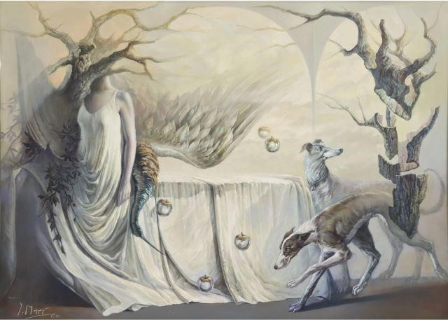 Appraisal: Framed oil on canvas painting Surreal Composition with Greyhounds signed