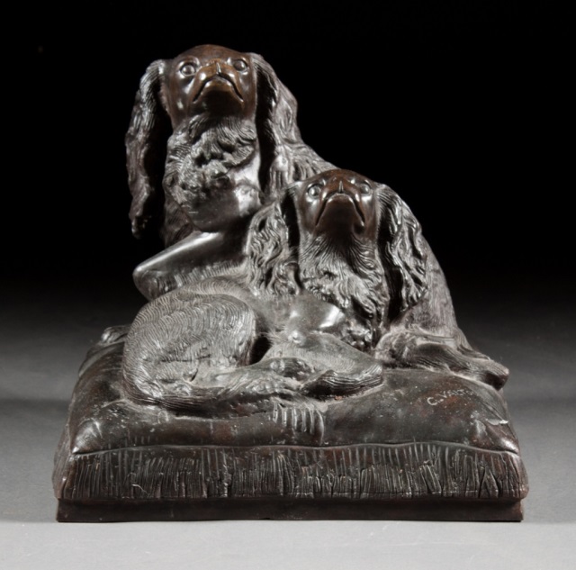 Appraisal: Bronze spaniel group after Valton early th century dark brown