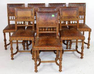 Appraisal: Set of French walnut side chairs with tooled leather Set