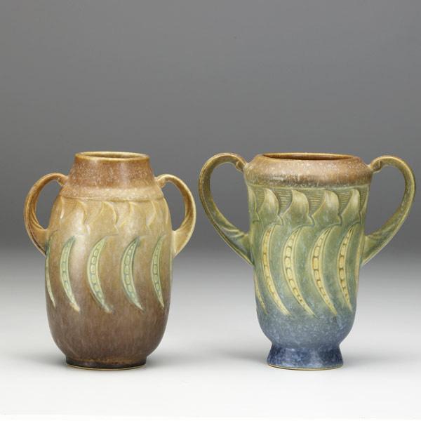 Appraisal: ROSEVILLE Falline two vases one brown one blue Blue has