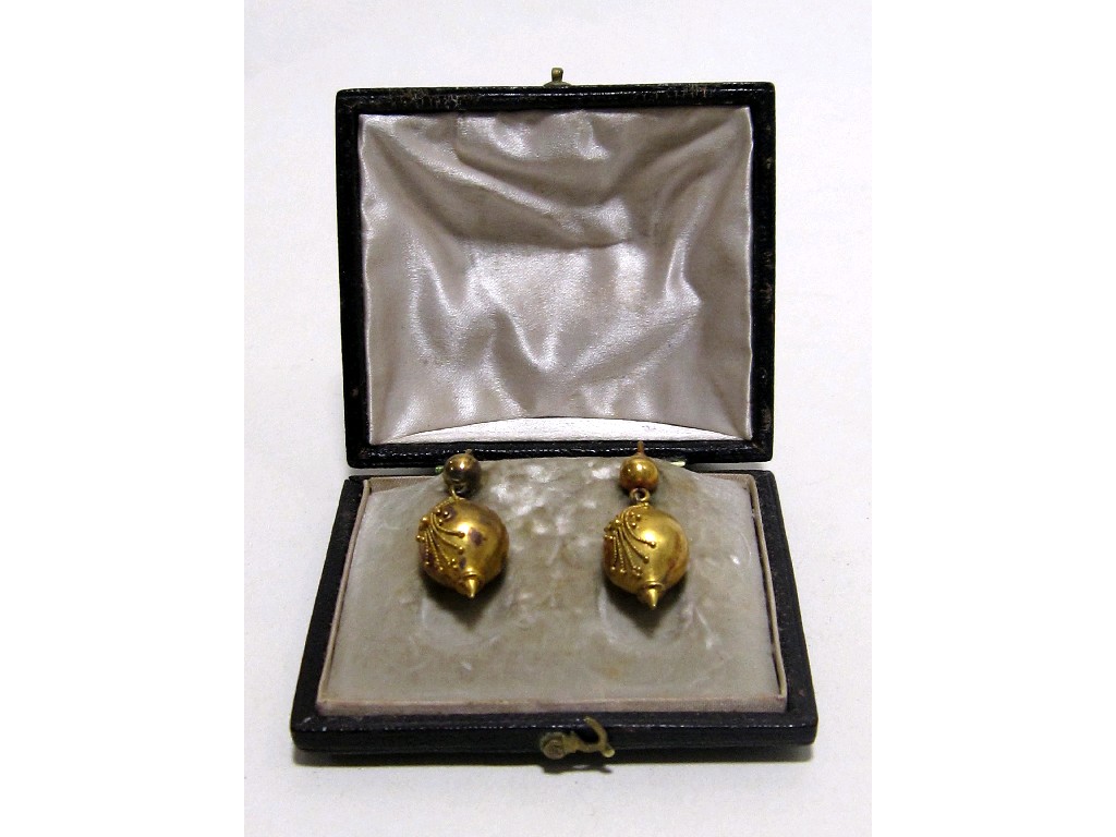 Appraisal: Pair of Victorian unmarked gold drop earrings