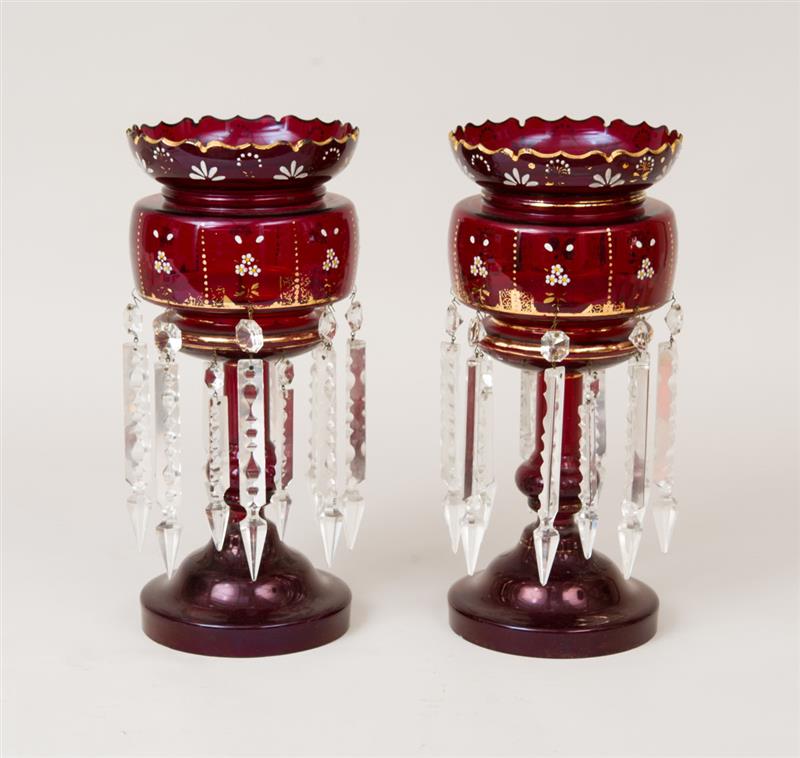 Appraisal: PAIR OF BOHEMIAN ENAMEL-DECORATED RUBY-GLASS LUSTRES With clear glass pendants