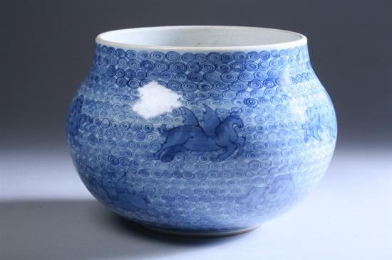 Appraisal: CHINESE BLUE AND WHITE PORCELAIN VESSEL BO Painted to depict