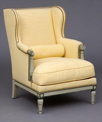 Appraisal: DIRECTOIRE-STYLE GREY-PAINTED BERGERE A L'OREILLES The shaped wings continuing down