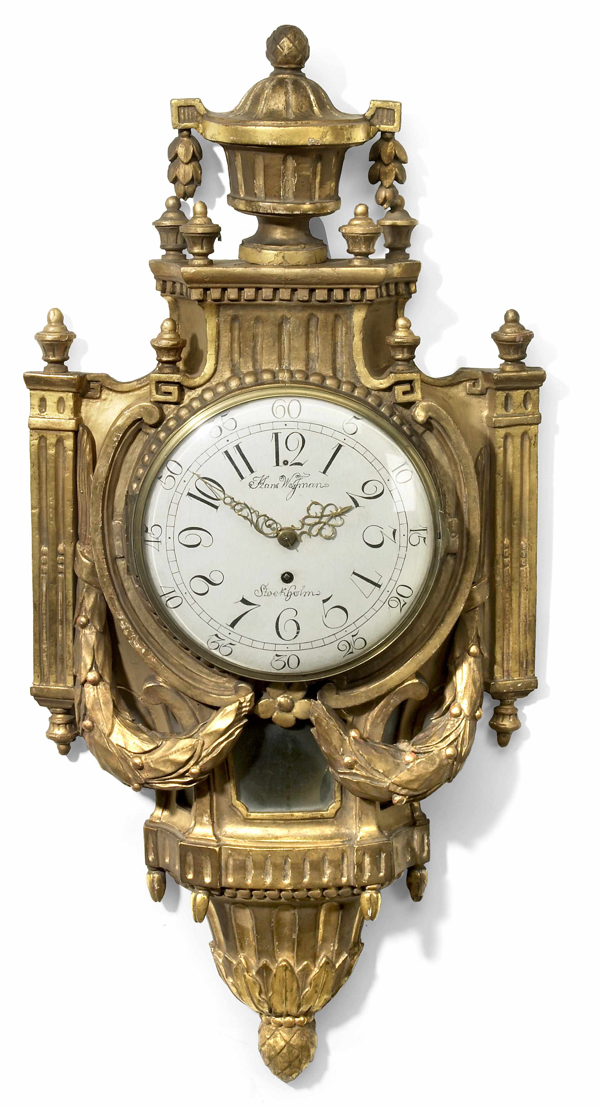 Appraisal: A Gustav III giltwood cartel clock late th century Surmounted