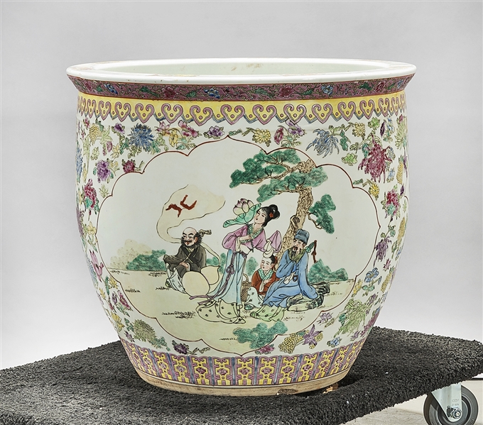 Appraisal: Chinese enameled porcelain jardiniere depicting figures in a landscape x