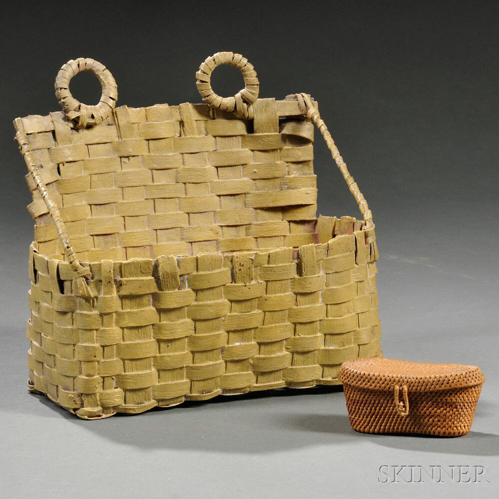 Appraisal: Miniature Woven Splint Covered Basket and a Mustard-painted Wall Basket