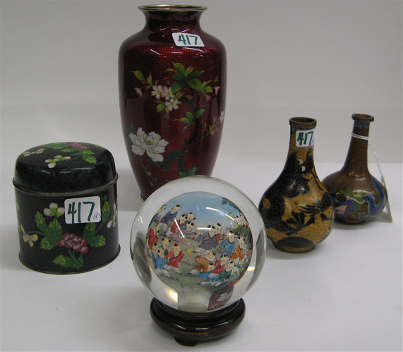 Appraisal: CLOISONNE ITEMS A REVERSE PAINTED GLASS SPHERE pieces Chinese cloisonne