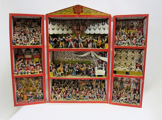 Appraisal: PERUVIAN FOLK ART RETABLO vignettes of feasting and celebration as