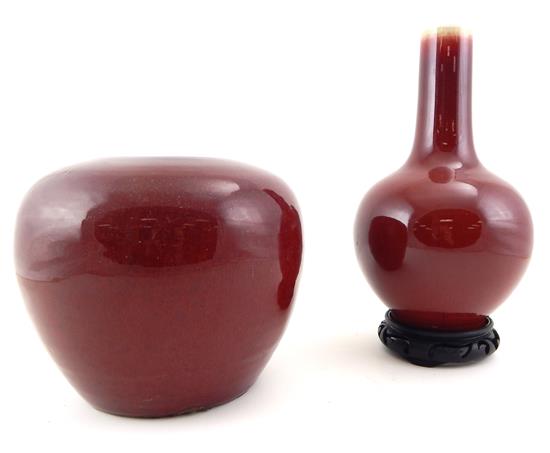 Appraisal: ASIAN Two pieces of earthenware with oxblood glaze vase narrow