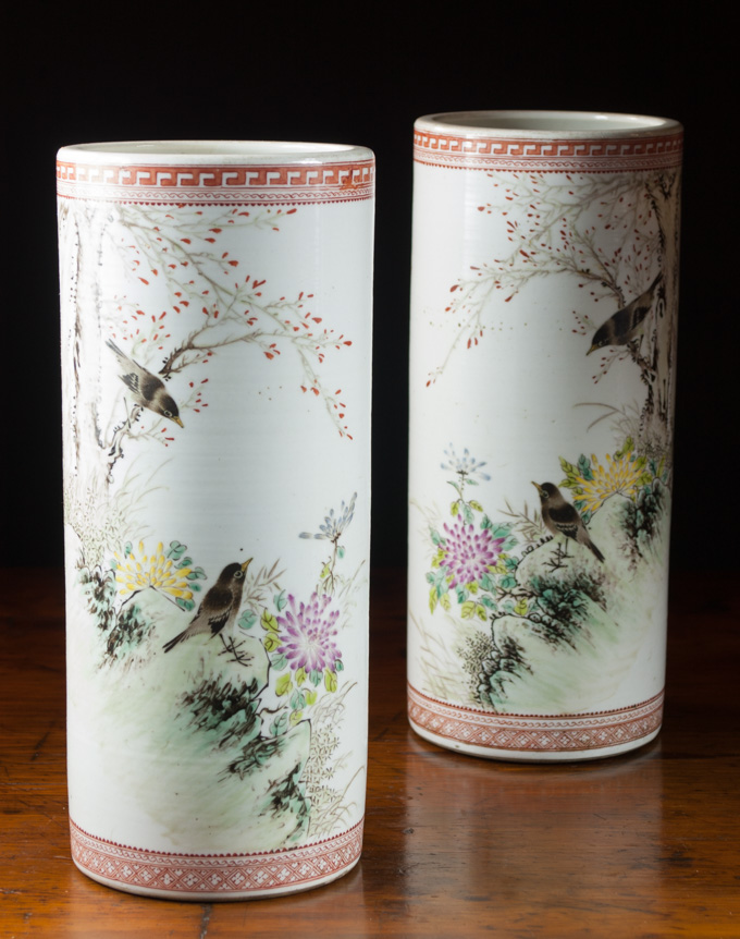 Appraisal: PAIR OF CHINESE FAMILLE ROSE PORCELAIN BRUSH WASH 'HAT' VASES