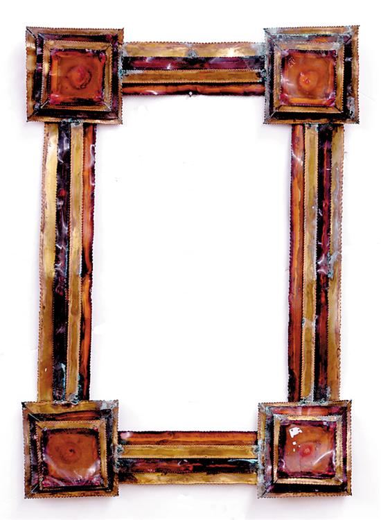 Appraisal: Sculptural copper and brass mirror frame crimped strips to form