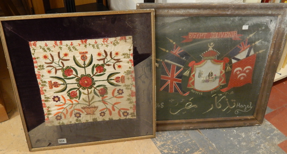 Appraisal: Two items of embroidery a square crewelwork panel decorated with