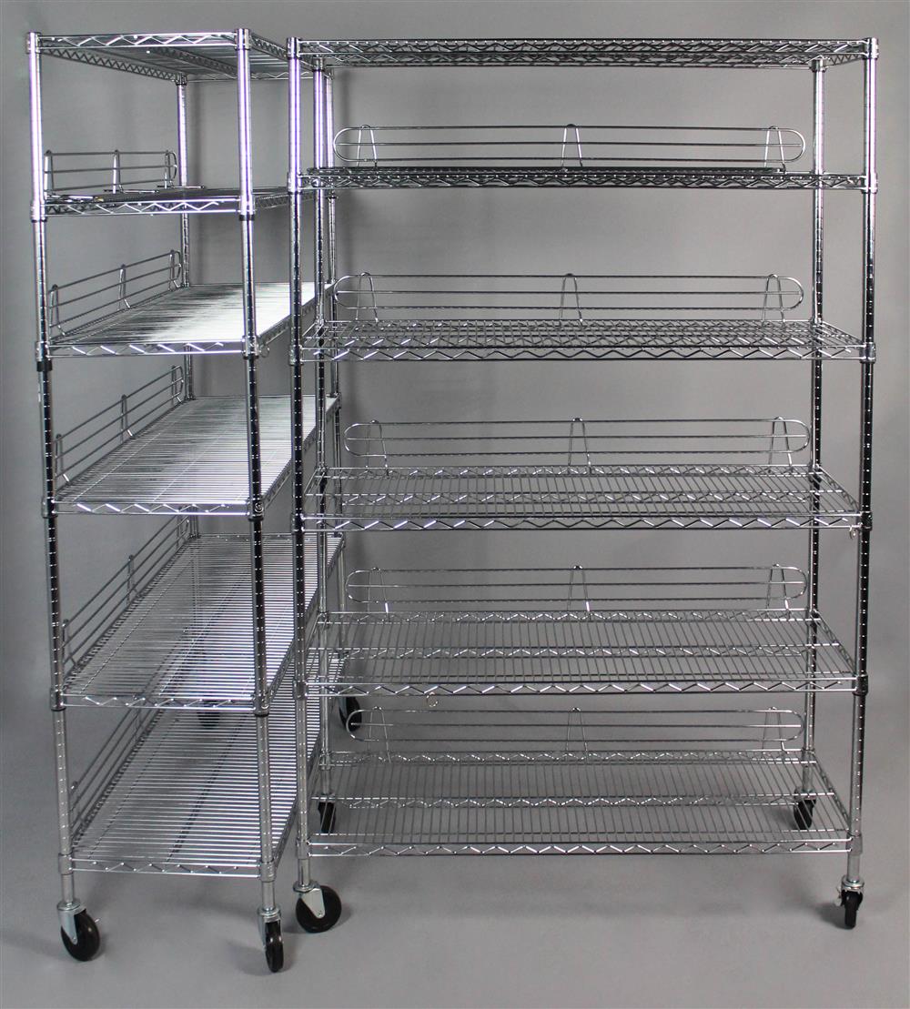 Appraisal: PAIR OF CONTEMPORARY CHROME METAL WIRE SHELVES ON CASTERS of