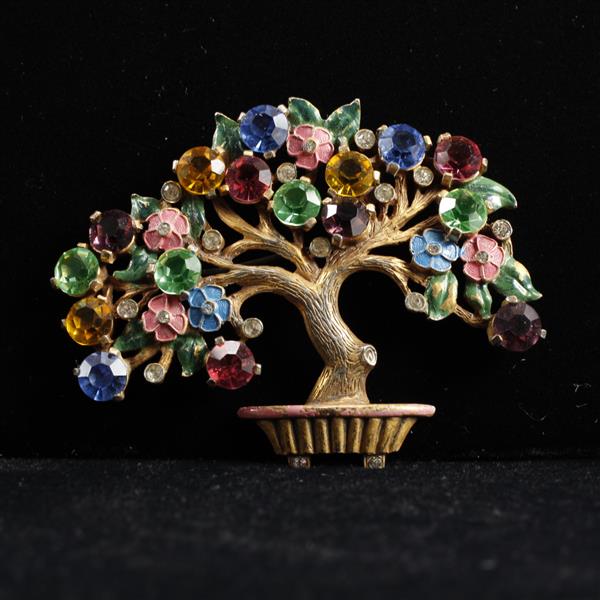 Appraisal: Vintage s gold tone jeweled colorful bonsai tree pin brooch