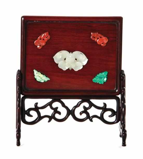 Appraisal: Chinese jade and stone inlaid rosewood table screen Qing Dynasty