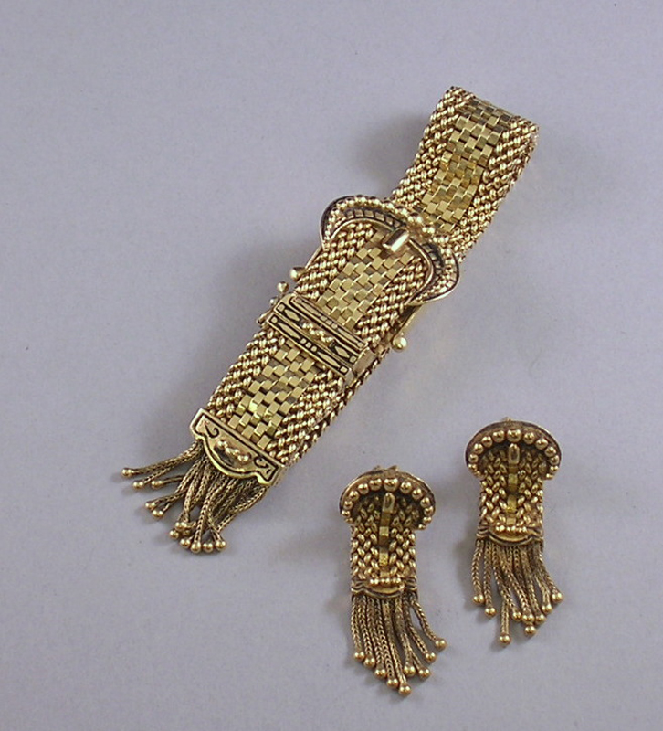 Appraisal: kt Gold and Enamel Buckle Bracelet Wristwatch and Matching Earrings