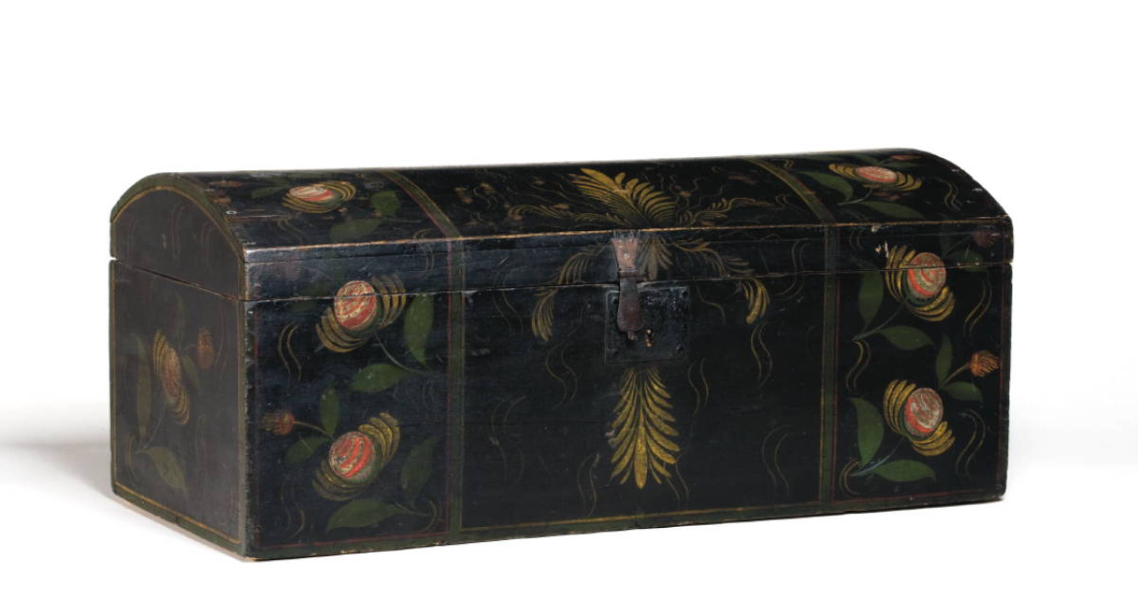 Appraisal: NEW YORK STATE BLACK PAINTED AND FLORAL DECORATED DOME-TOP BOX